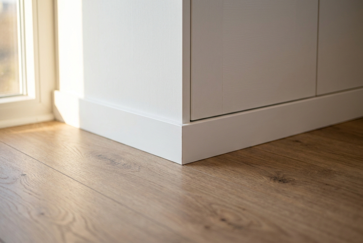Boazeria laminowana z białą listwą przypodłogową i dębową podłogą