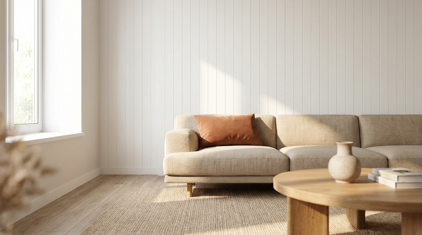 Boazeria laminowana na ścianie w nowoczesnym salonie z dębową podłogą