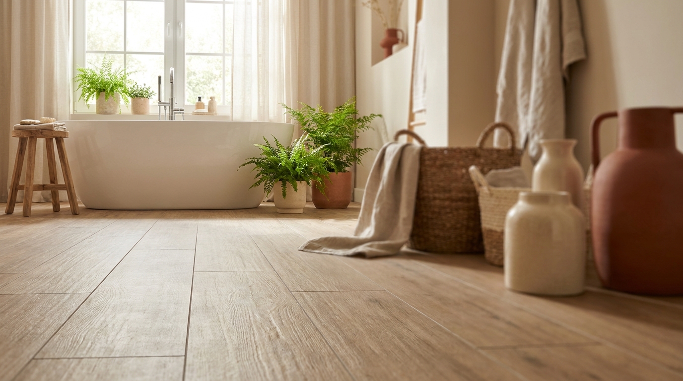 Drewniana podłoga w łazience — ciepła łazienka z deską w stylu spa