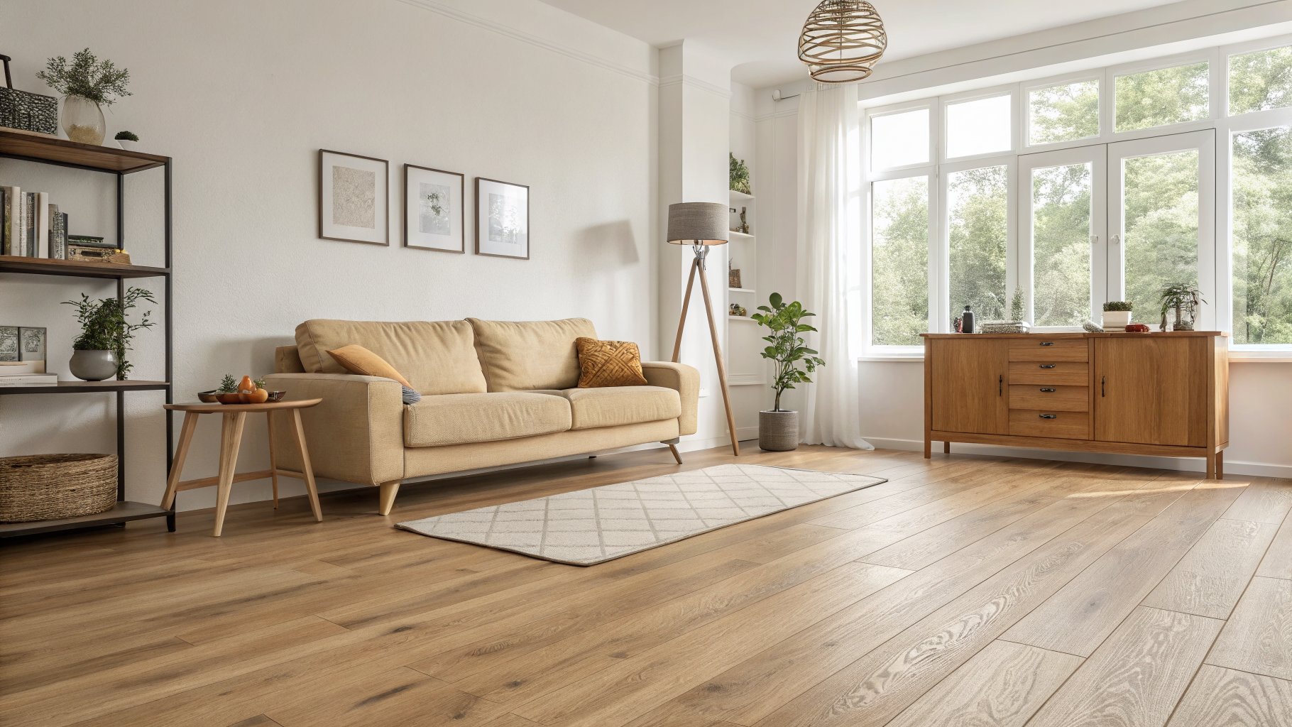 Jasne panele laminowane w dekorze dębowym w schludnym, budżetowym salonie