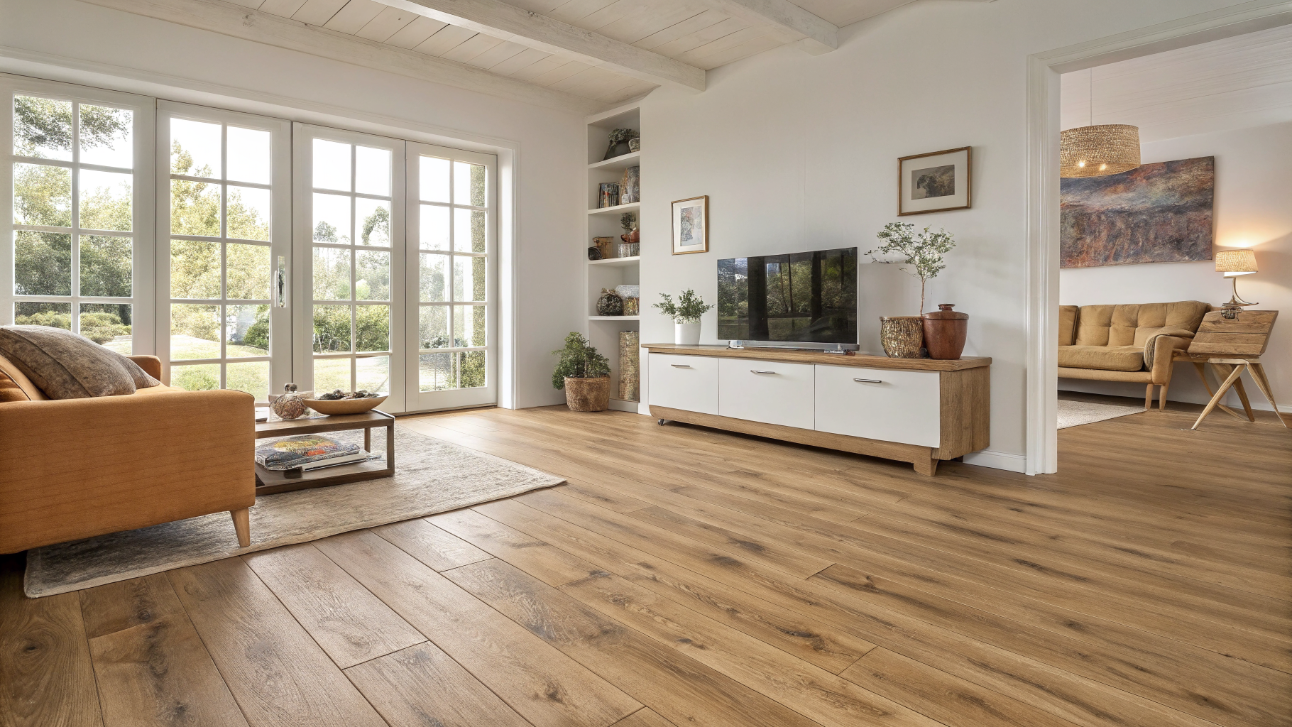 Panele Quick-Step w odcieniu dębu w jasnym salonie skandynawskim