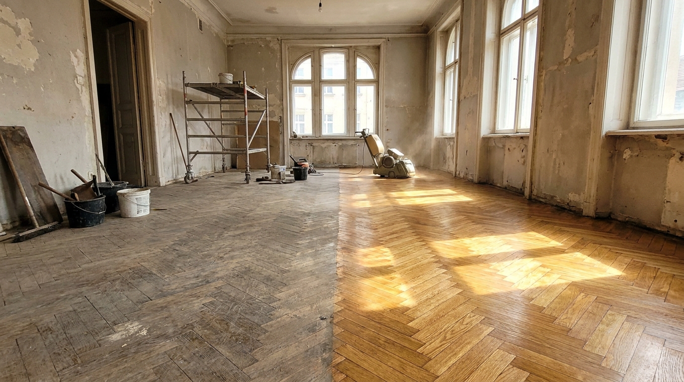 Renowacja starej podłogi drewnianej — parkiet jodełka przed i po odnowieniu